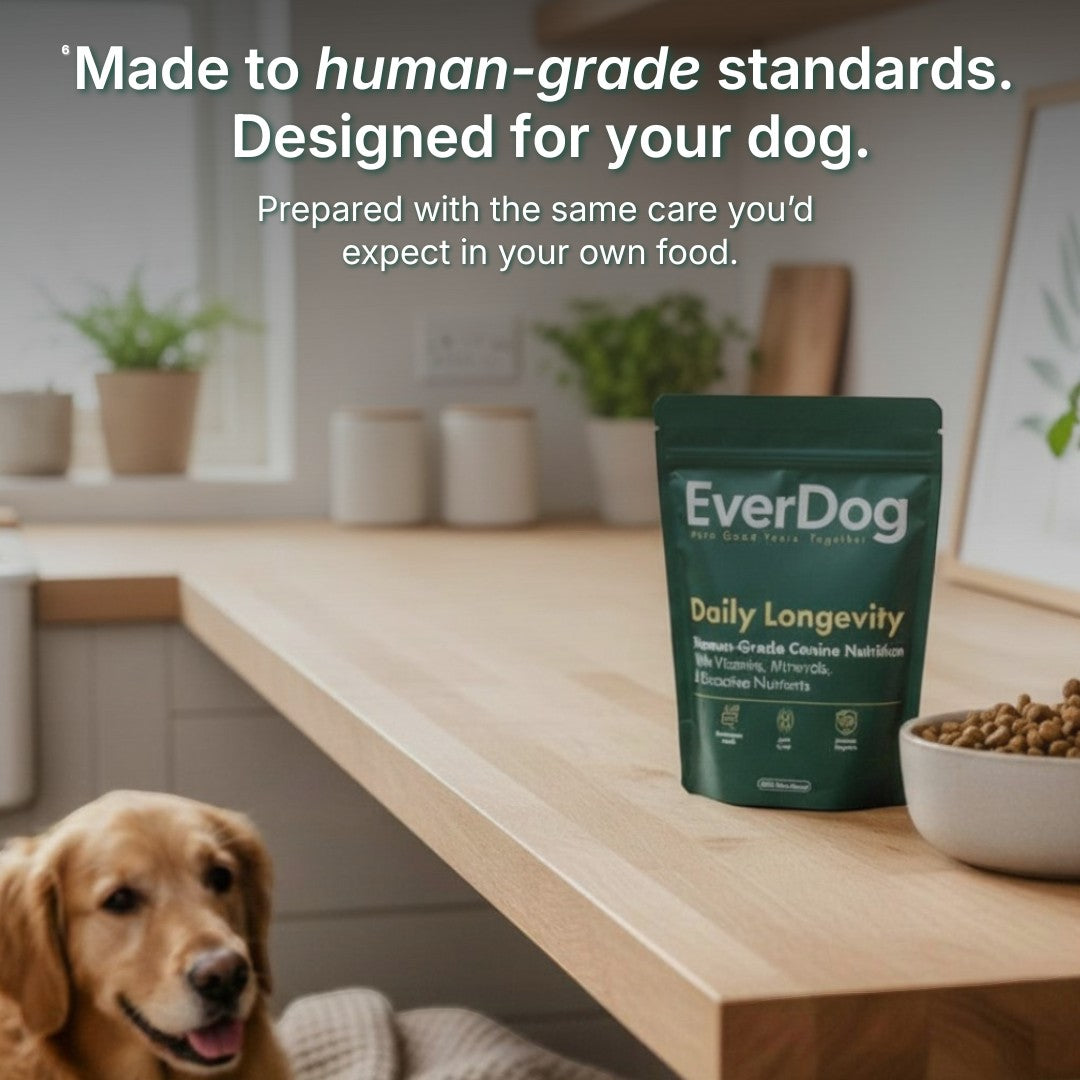 EverDog Daily Longevity human-grade canine nutrition pouch with vitamins, minerals, and probiotics. Golden retriever in foreground.