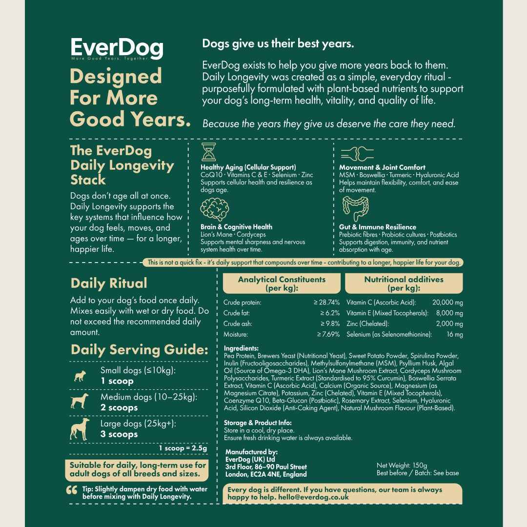 EverDog Daily Longevity Stack dog supplement powder for healthy aging, brain, gut, and movement. 150g net weight.